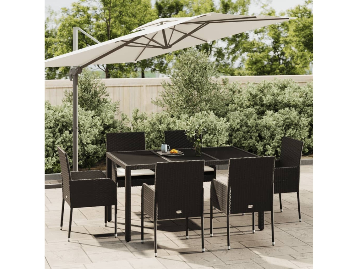 Juego de comedor de jardín de 7 piezas DKD Home Decor con cojines de mimbre negros