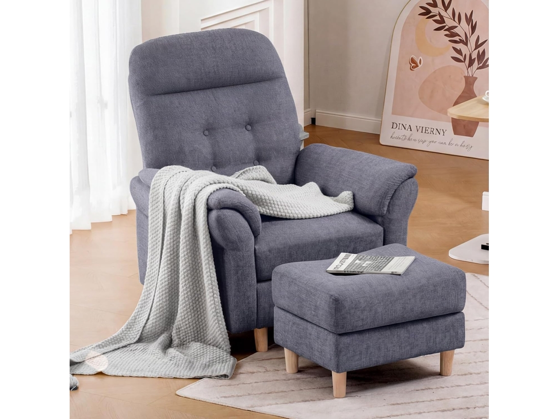 Sillón reclinable con otomana y respaldo de 4 posiciones, tapizado en chenilla gris | COMHOMA