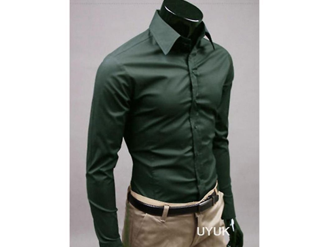 2026-camiseta De Hombre De Lujo Casual Formal Slim Fit Con Cuello Y Manga Larga De Algodón Mixto Xl Verde Oscuro