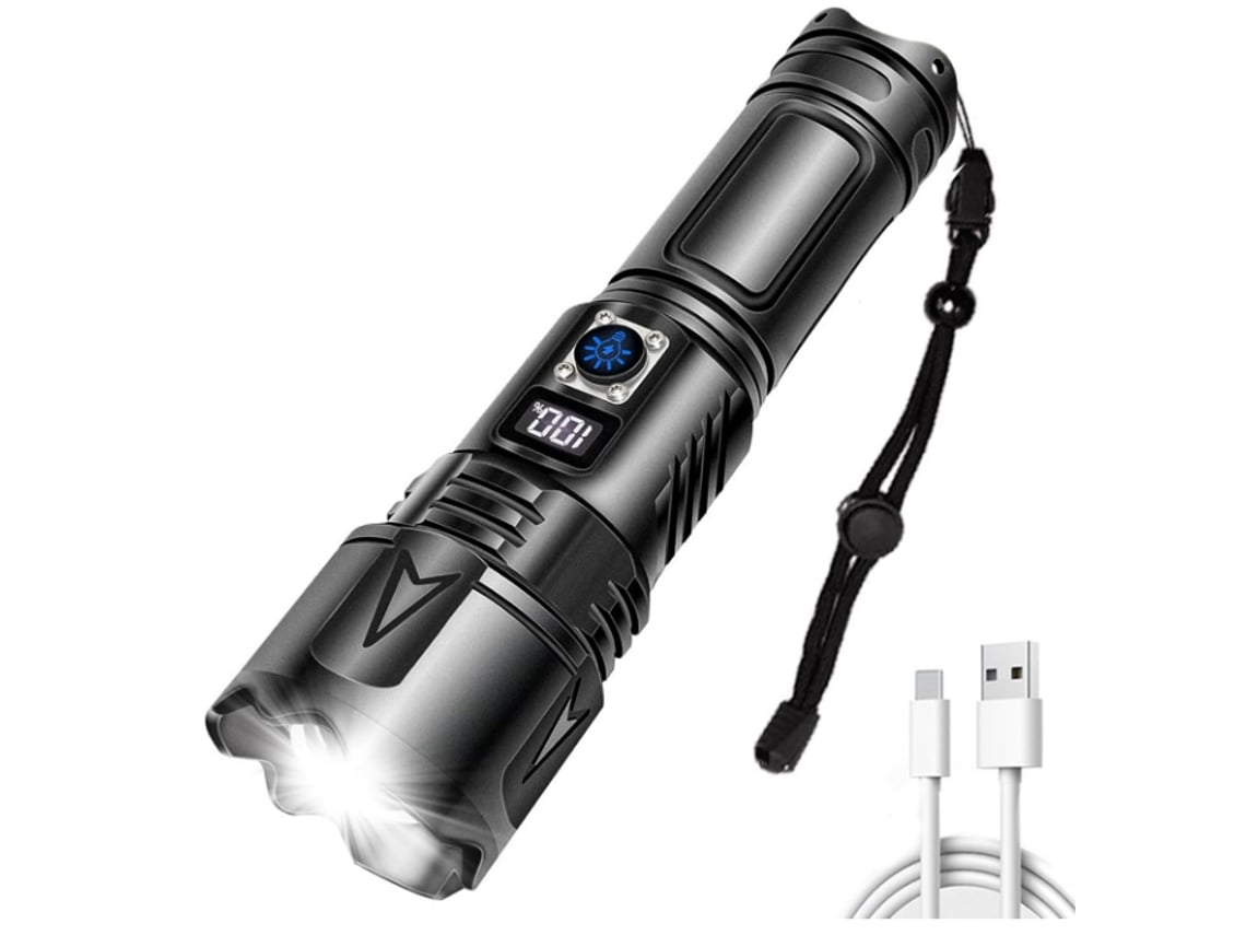 Linterna LED impermeable de largo alcance, foco para exteriores, 5 modos de zoom, linterna táctica de aluminio, carga USB, color negro, Yunzii
