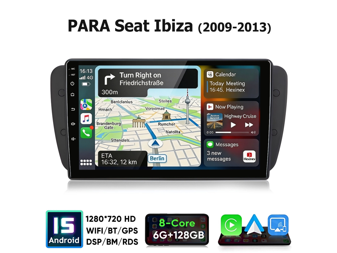 Rádio Carro 9 Polegadas Hexinex Android 15 8 Núcleos 6gb+128gb Wifi Para Seat Ibiza 2009-2013 Bt Carplay Android Auto