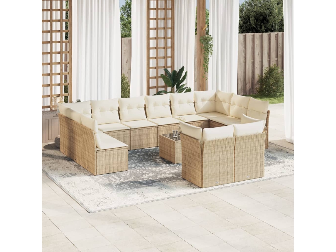 Conjunto de sofá de jardín de 13 piezas con cojines, mimbre sintético beige, Dkd Home Decor