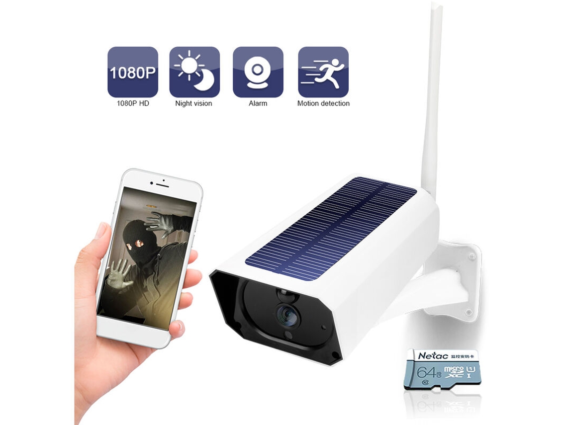 Cámara De Vigilancia Solar Para Interiores Y Exteriores Dc08 (wifi) Con Monitor Inalámbrico 1080p, Resistente Al Agua Ip65, Con Tarjeta Sd De 64 Gb