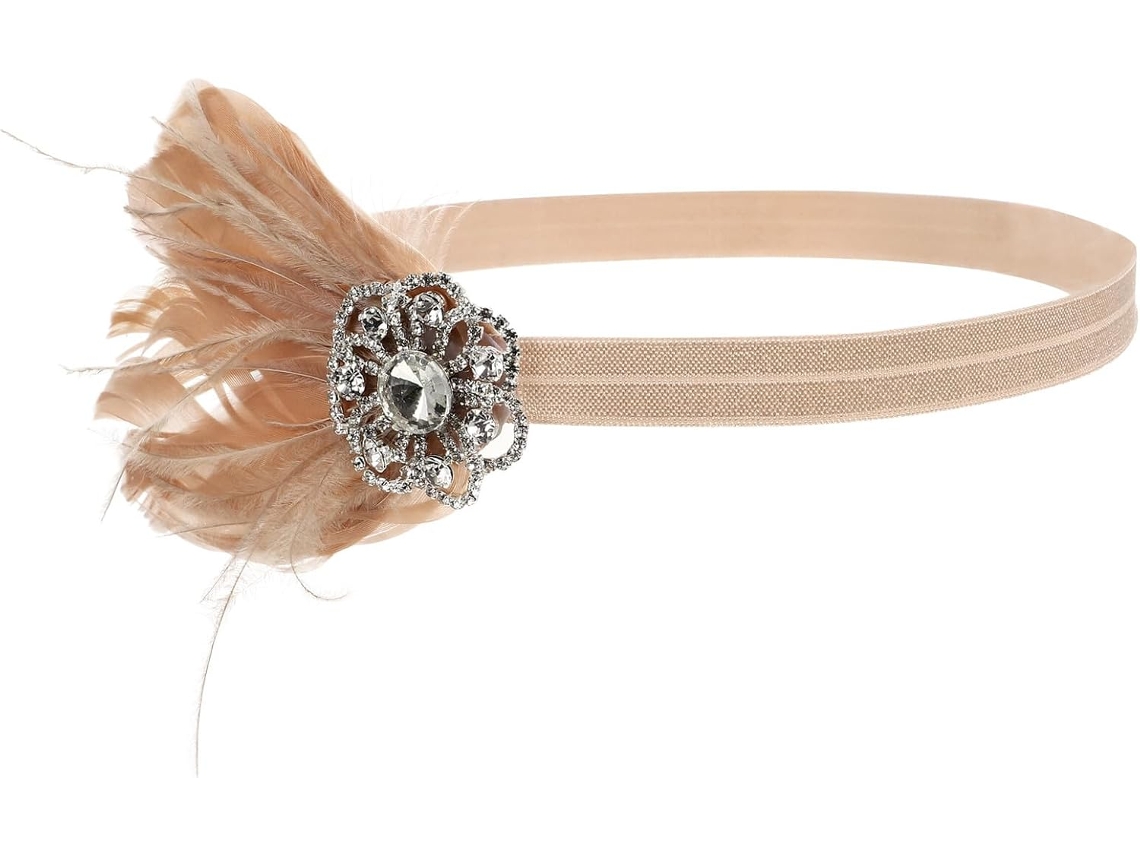 Diadema De Novia Nuobesty Con Plumas De Pedrería, Accesorio Decorativo Para El Cabello En Rosa Nude.