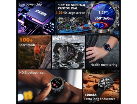 Reloj inteligente SQR pantalla IPS HD de 1,39 pulgadas 25 días de duración de la batería 100 modos deportivos reloj inteligente de dureza de grado ...