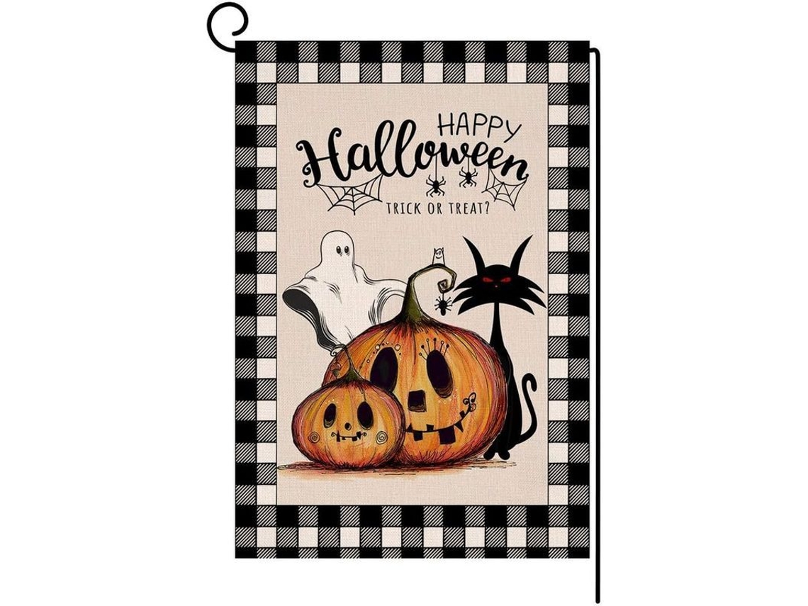 Bandera De Jardín De Halloween Con Gato, Paloma Y Fantasma, Bolsa De Yute De Doble Cara Para Decoración Exterior.