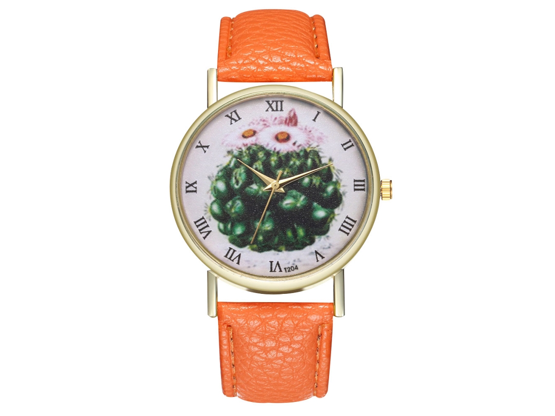Reloj De Cuarzo Con Correa De Cuero Pu, Dial De Cactus, Unisex (naranja)