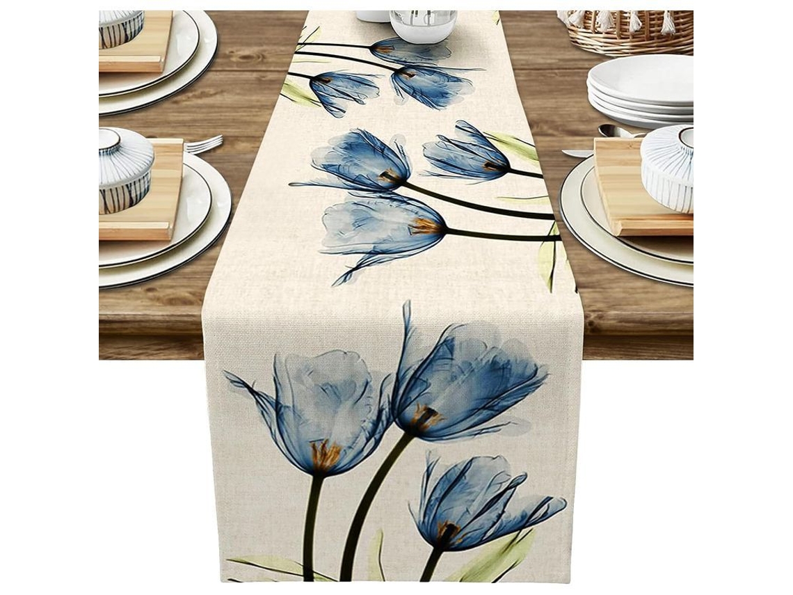 2026-runner Para Mesa 13 X 71 Pulgadas Azul Tela Lino Con Flores Decoración Resistente Lavable
