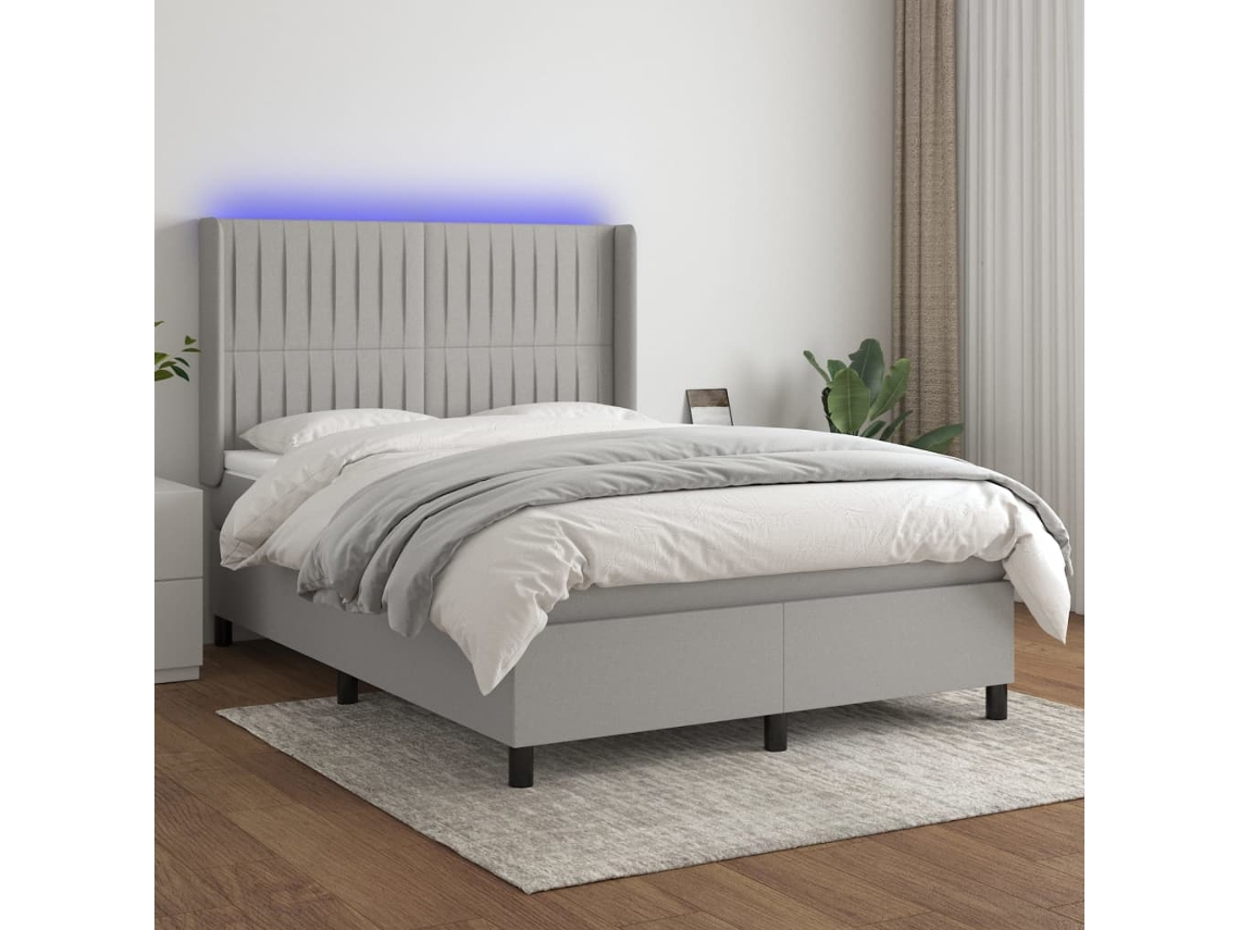 Cama Box Spring Colchón Y Luces Led Tela Gris Claro 140x190 Cm