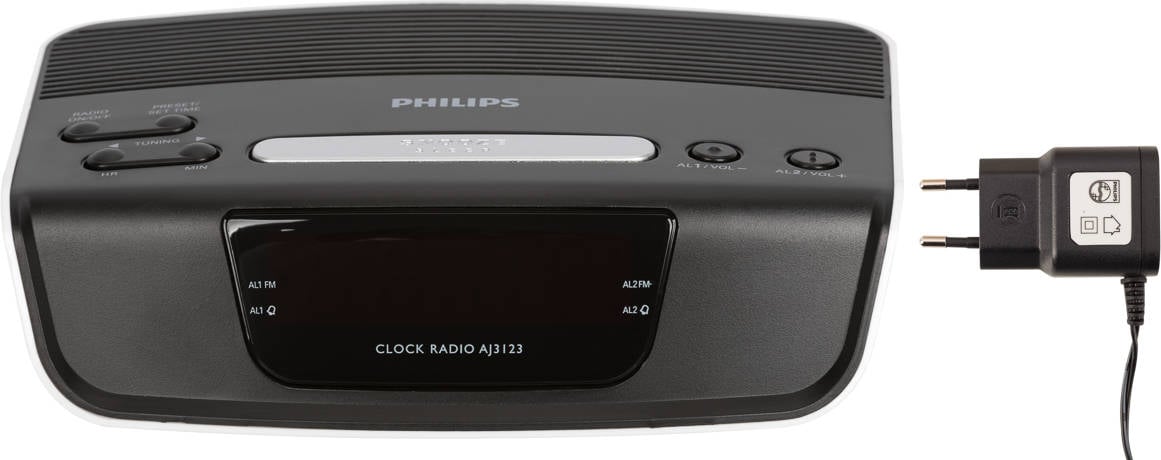 Radio Despertador Philips aj3123 aj312312 negro reloj digital fm batería alarma doble snooze