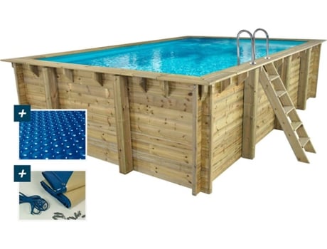 Piscina de madera rectangular"Panamá" - 6,20 x 4,10 x 1,45 m + cubierta de burbujas de 180 µ - cubierta de invierno de 280 g/m²