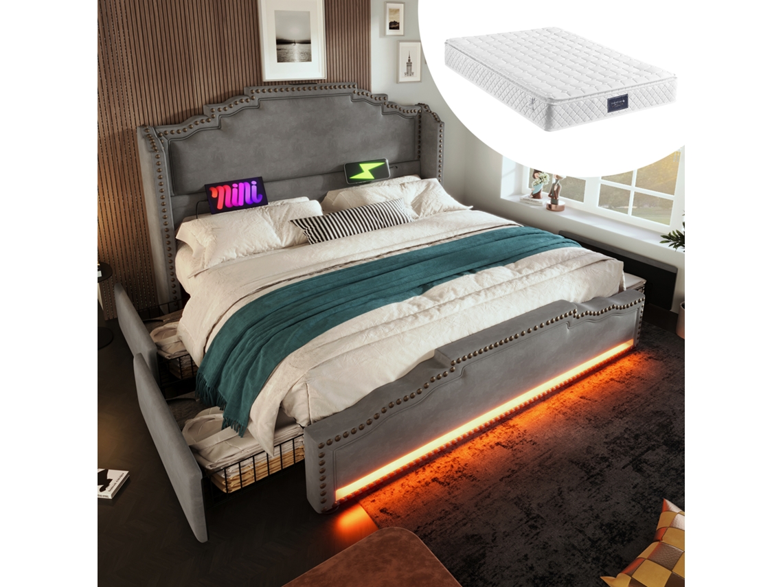 Cama 160x200 Cm Terciopelo Gris, 4 Cajones, Led, Usb-c, Somier De Láminas, Con Colchón.