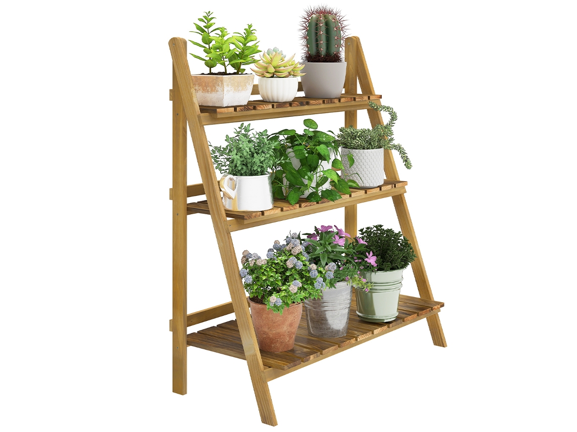 Soporte de madera para plantas, 3 niveles, plegable, 80x37x93 cm, acabado natural.
