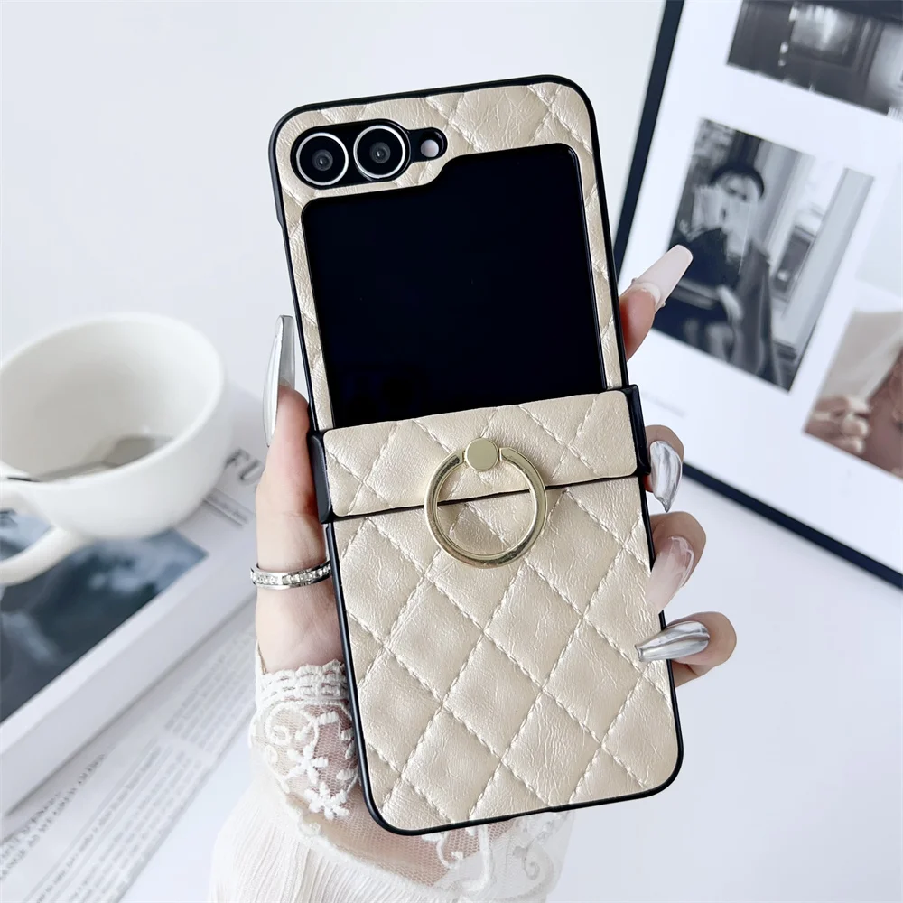(beige, Galaxy Z Flip7) Funda Para Teléfono De Cuero Genuino Con Diseño De Malla, Soporte De Anillo Y Tapa Abatible A Prueba De Golpes.