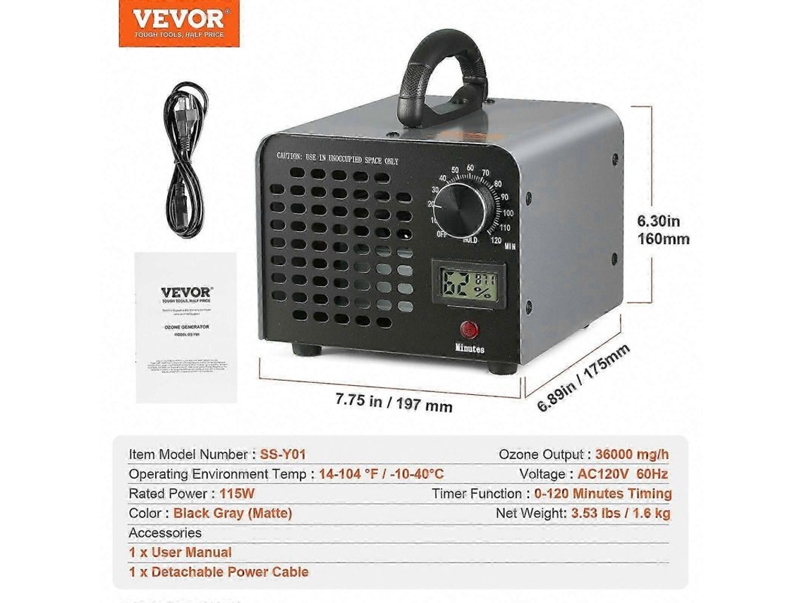Generador ozono 36000mg/h. Máquina eliminación olores con temporizador 0-120 min.