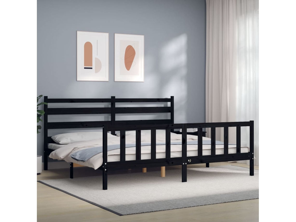 Estructura De Cama Con Cabecero Madera Maciza Negro 200x200 Cm