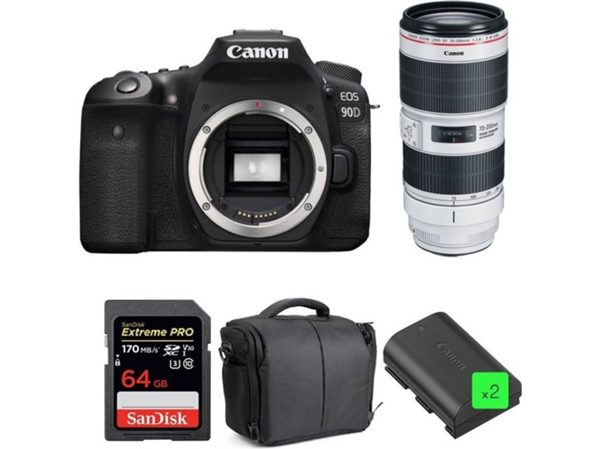 Kit Cámara Réflex CANON EOS 90D + EF 70-200mm f/2.8L IS III USM + SanDisk 64GB + 2 LP-E6N + Bolsa