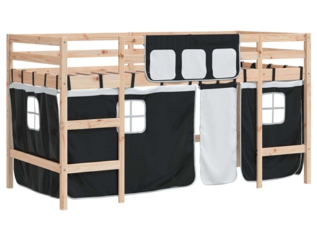 Cama alta niños VIDAXL con cortinas madera pino blanco negro (80x200 cm)