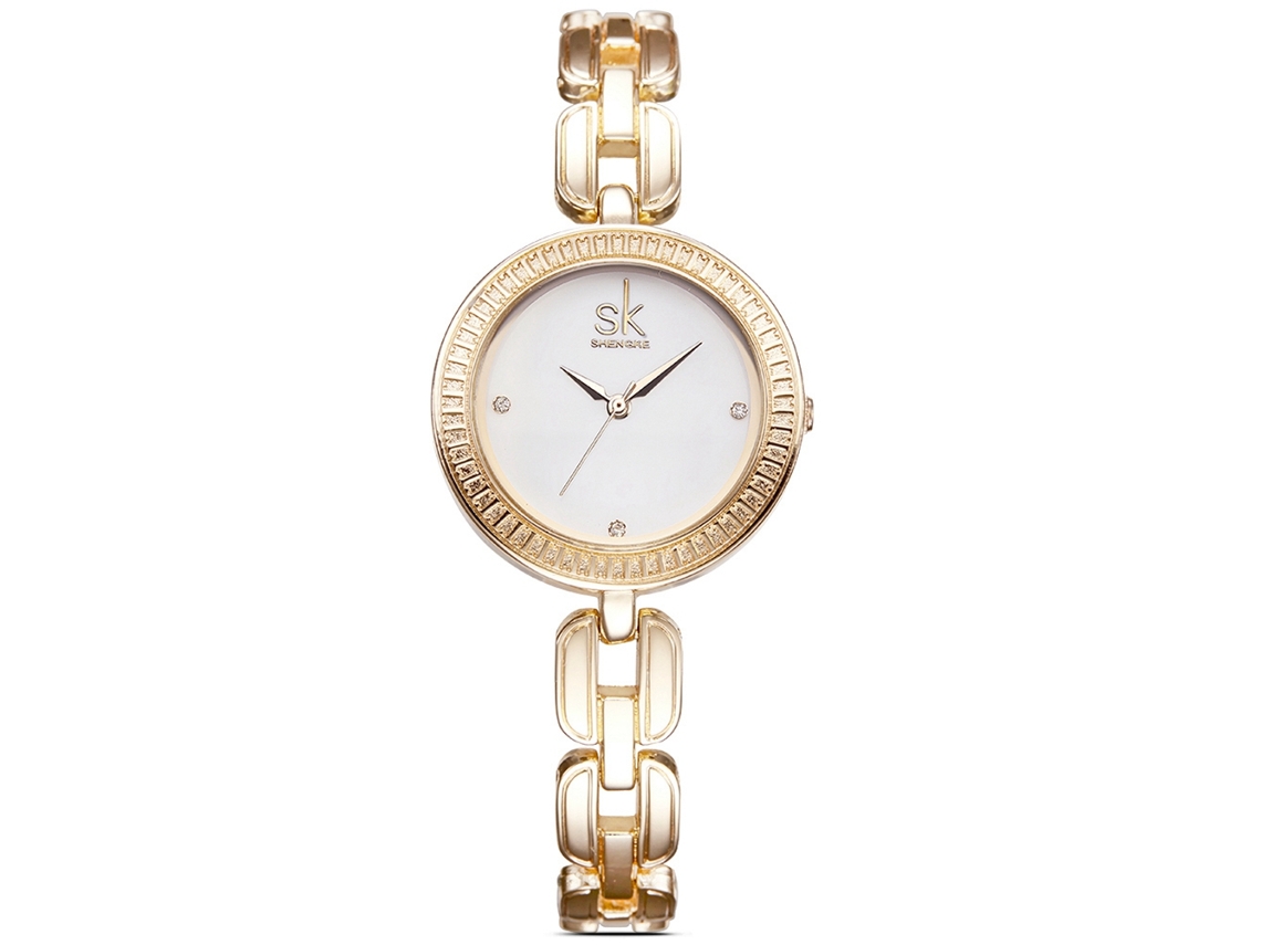 Reloj De Pulsera De Moda Para Mujer Shengke Con Movimiento De Cuarzo Y Piedras Brillantes, Acabado Dorado.