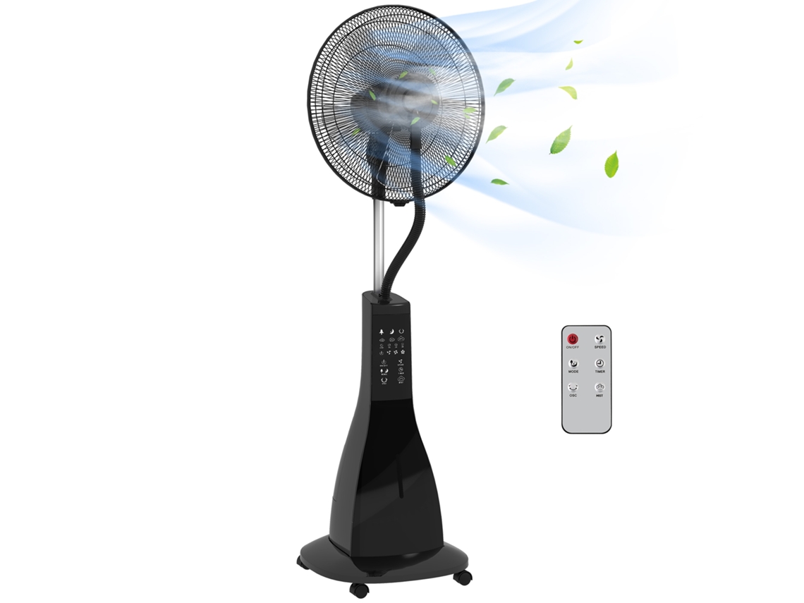 Ventilador de pedestal con nebulizador, 90 W, temporizador, depósito de 3 L, 3 velocidades, 5 aspas y pantalla LED premium, 44,5 x 38,5 x 120 cm, negro.