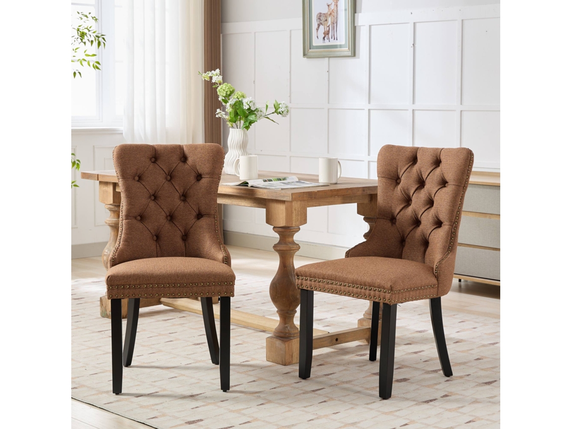 Juego de 2 sillas de comedor MOBRIO tapizadas, modernas, con respaldo capitoné y patas de madera, acabado café.