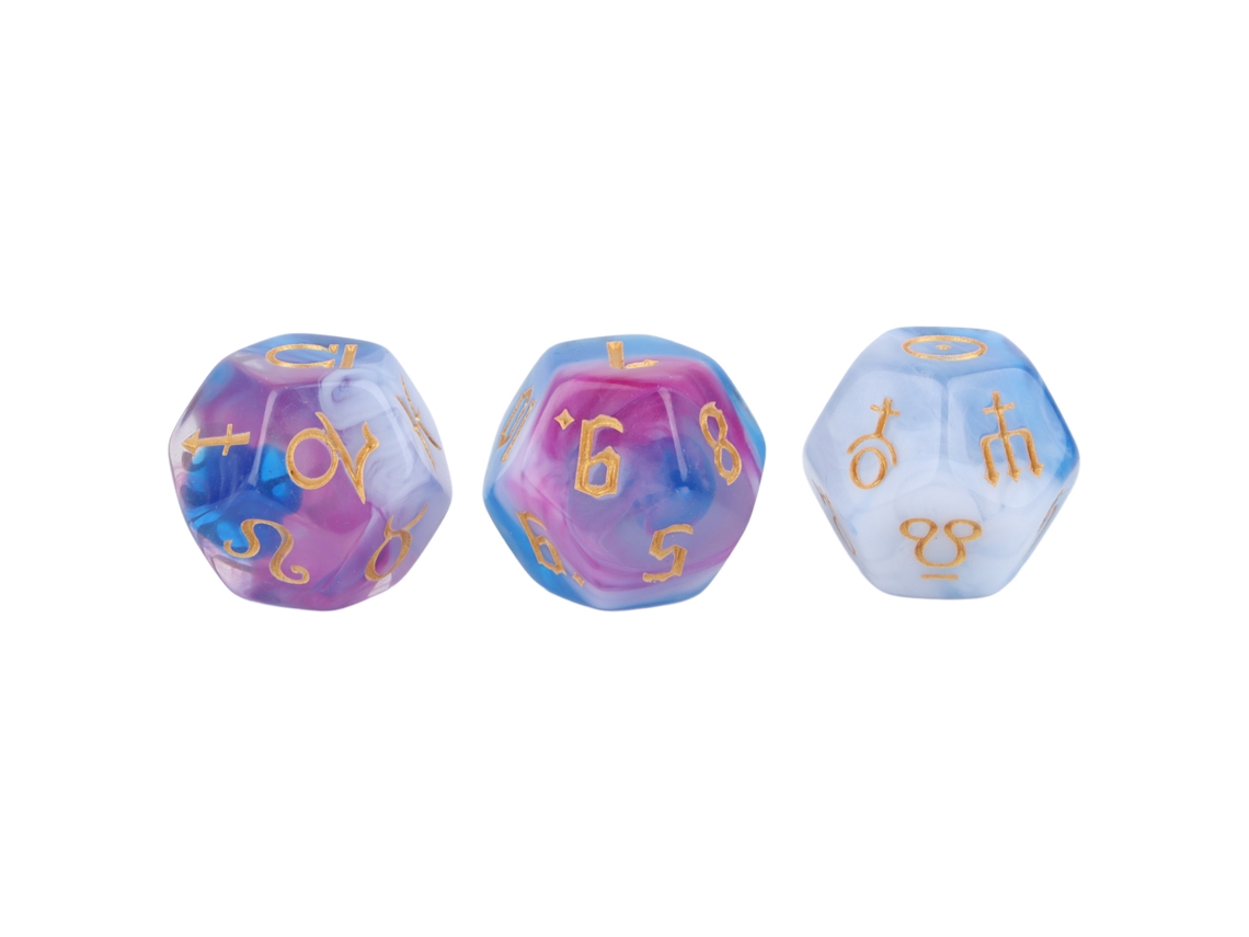 Juego de 3 dados acrílicos de 12 caras, impermeables y ligeros, para juegos de mesa, color azul, morado y blanco (modelo 2026).