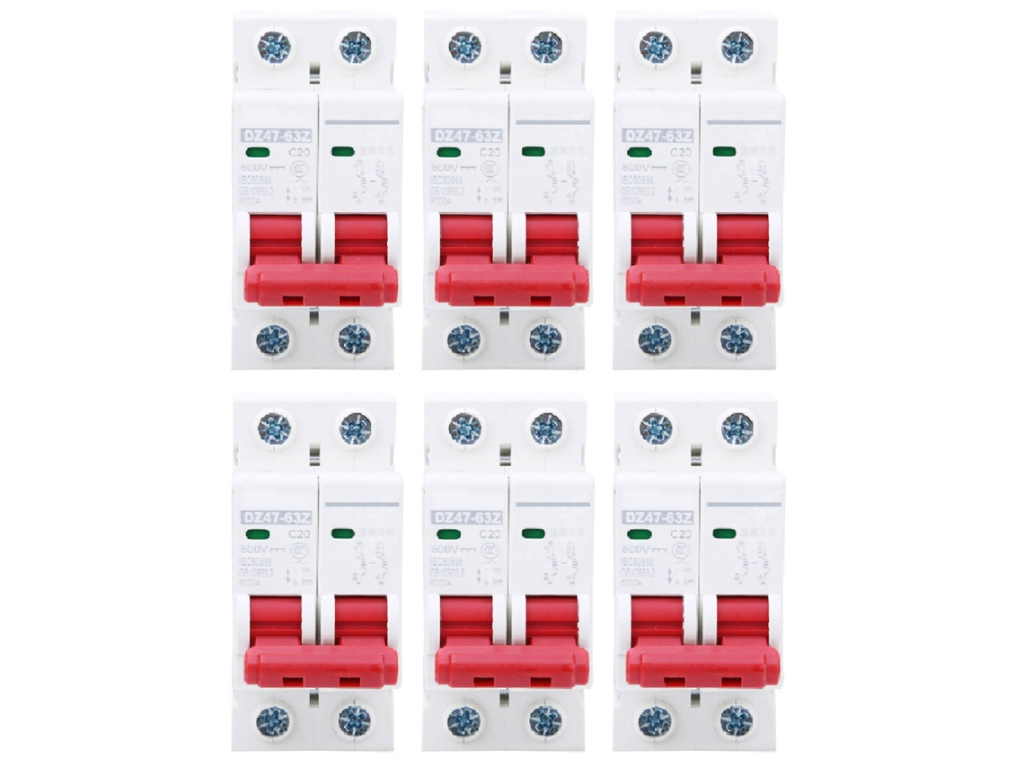 6 Disyuntores Mcb Dz47-63z Dc500v 2p 20a Con Protección Contra Sobrecarga Solar.