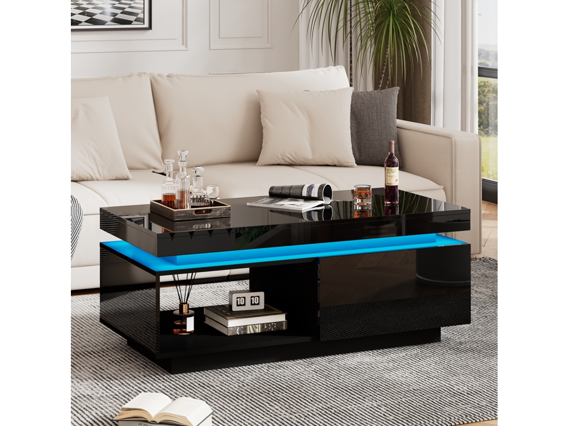 Mesa de centro moderna con acabado brillo e iluminación LED, 100x50x40,3 cm, con cajón.