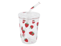 Vaso De Vidrio Transparente Con Diseño De Fresas Y Tapa Con Pajita Para Café, Zumo Y Agua. Resistente Al Calor.