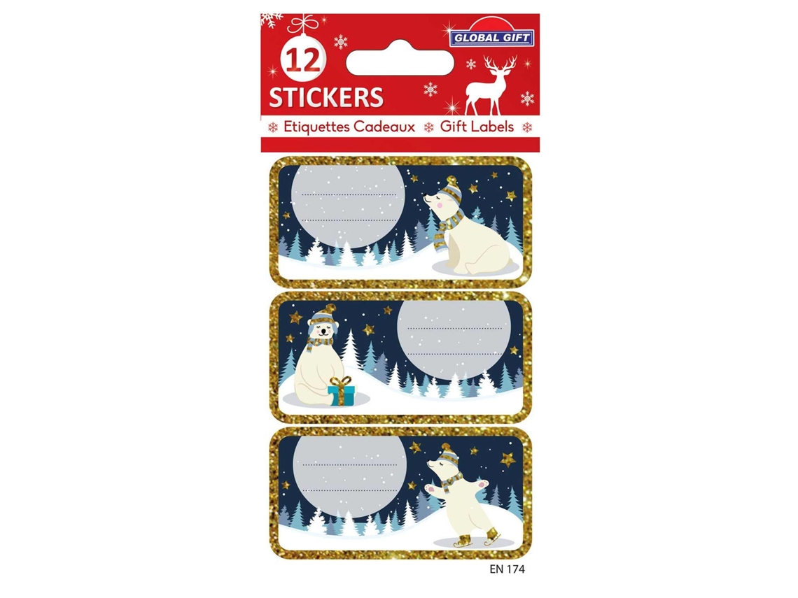 12 Pegatinas GLOBAL GIFT navideñas - Ciervo dorado con purpurina