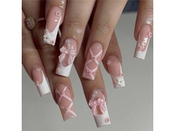 Uñas Postizas Cuadradas Rosas De Tamaño Mediano A Largo Con Brillantes Diamantes De Imitación - Listas Para Usar