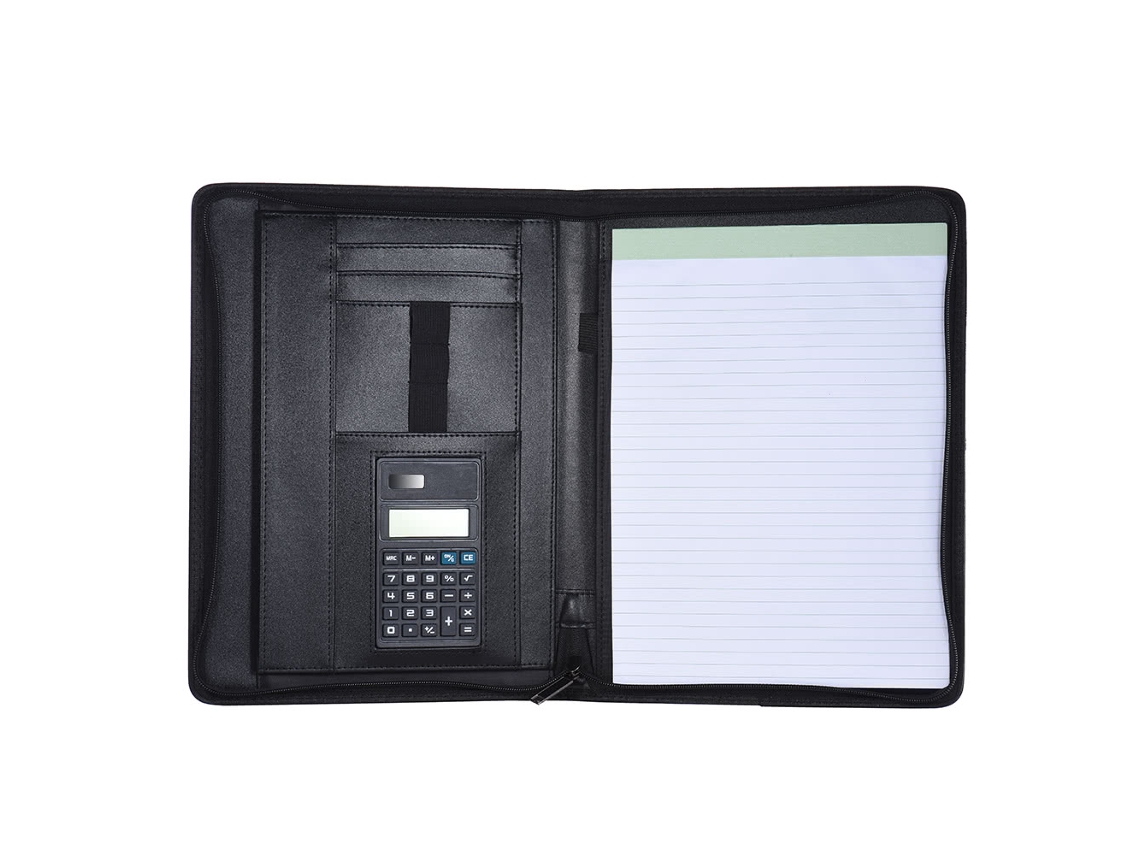 Portafolio de negocios profesional multifuncional Carpeta tipo portafolios Organizador de documentos A4 Cierre de cremallera de cuero PU con calculadora Tarjetero Bloc de notas para notas
