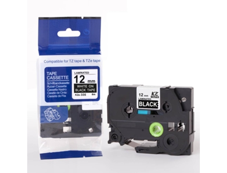 Cinta de etiquetas compatible con la impresora Brother P-Touch (Blanco sobre negro - 12 Mm)