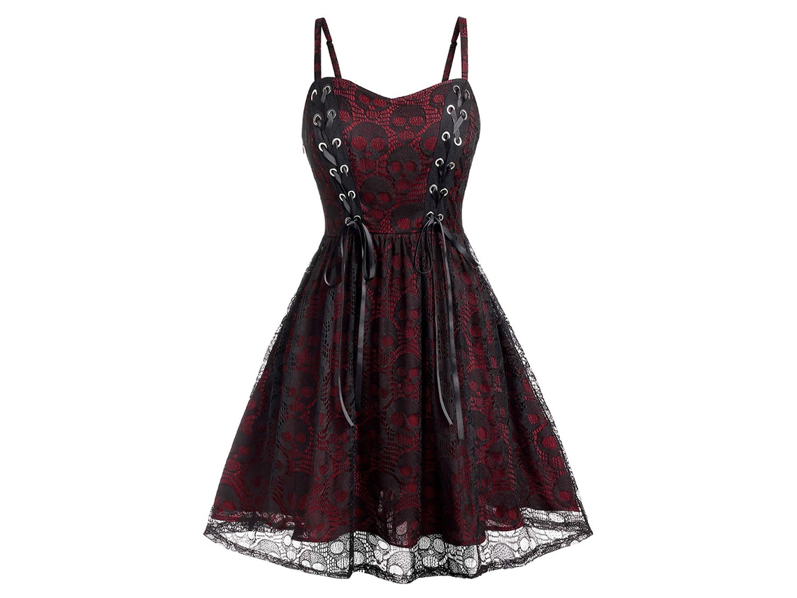 Vestido de Halloween con cabeza de calavera, mini camisón de encaje y malla, vestido de bruja para mujer (rojo) NEVEANCE