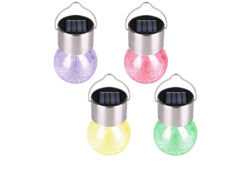 Paquete de 4 luces solares colgantes, luces decorativas de bola de cristal agrietado, farolillos solares impermeables con asa y clip, color aleatorio
