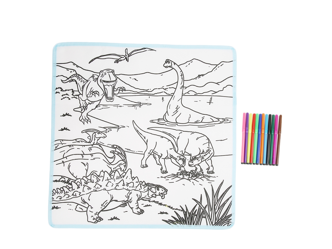 Lienzo De Dibujo Infantil Lavable Y Educativo Con 12 Pinceles Con Forma De Dinosaurio, 50x50 Cm.