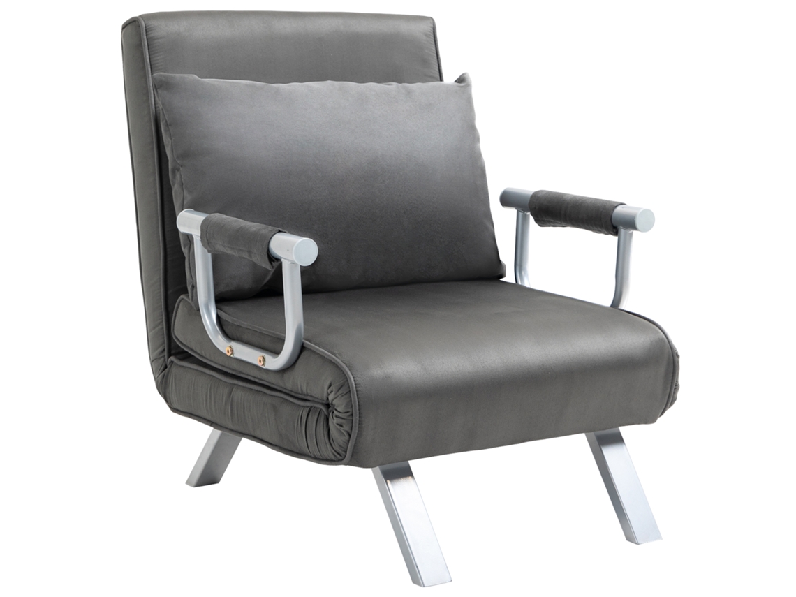 Sillón/sofá Cama Convertible, 1 Plaza, Funda Extraíble, Gran Confort, Cojín, Patas Y Reposabrazos Metálicos, Ante, Gris.