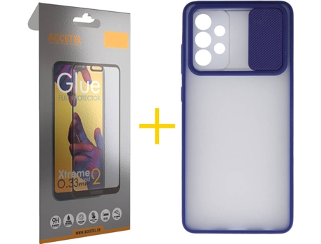 Carcasa y Protector de Pantalla de Vidrio Full Samsung A72 5G ACCETEL Gel Protección Cámara Azul