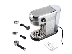Cafetera compacta con espuma y control táctil.