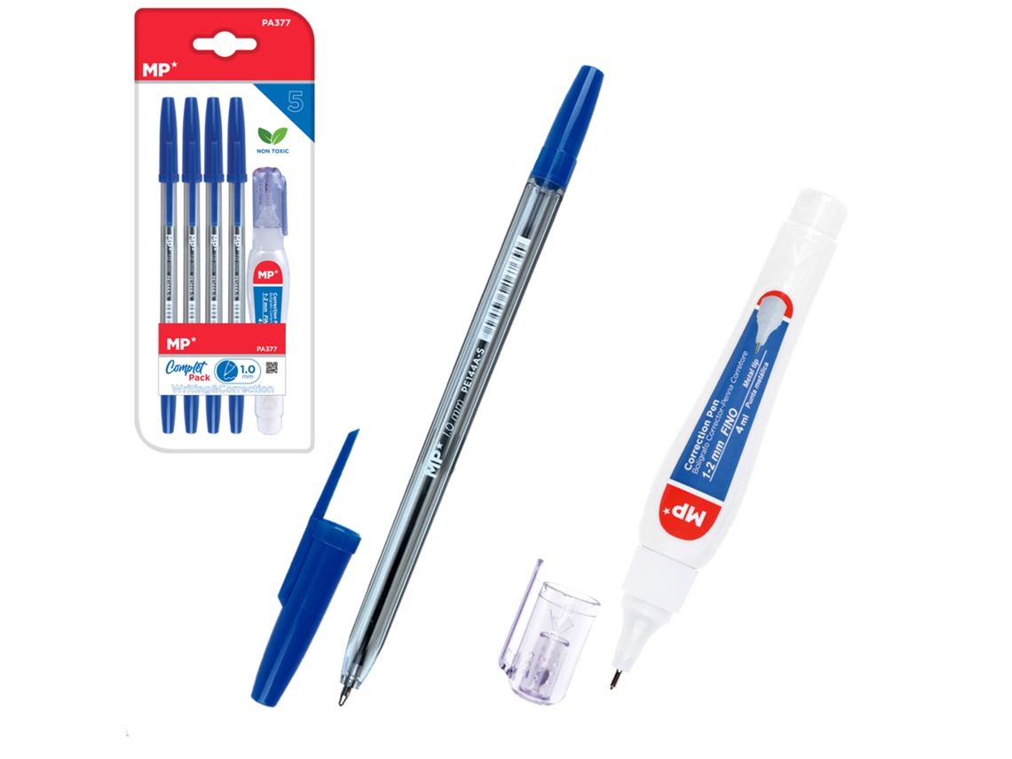 Juego de escritura: 4 bolígrafos azules y 1 bolígrafo corrector líquido.