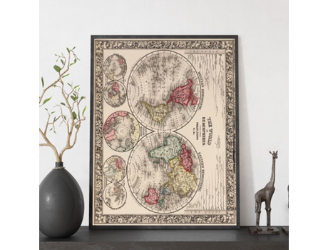 NACNIC Pósters Geográficos En Vintage El Mundo En Hemisferios Ilustraciones De Antiguos Mapamundis En Tonos Sepia Tamaño A3 Con Marco Color Madera