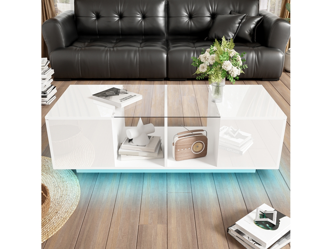 Mesa de centro con LED multicolor, 2 puertas plegables y estante de cristal blanco