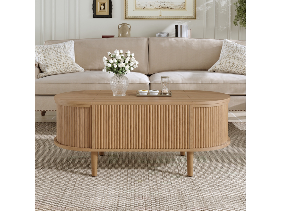 Mesa De Centro Ovalada Y Ajustable Con Espacio De Almacenamiento.