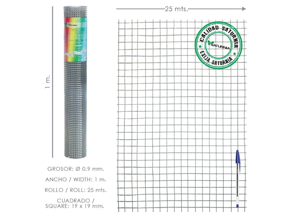 Malla electrosoldada ligera galvanizada 19x19 alto 100 cm. rollo 25 metros uso domestico