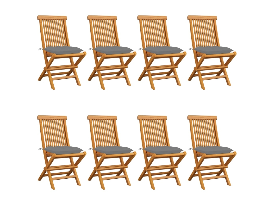 Sillas de jardín con cojines grises, 8 piezas, teca maciza, DKD HOME DECOR