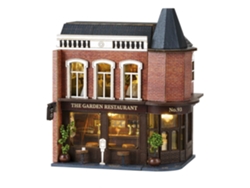 Restaurante Garden. Maqueta 3d Con Diseño De Panel De Puerta Abierta, Realista Con Gran Detalle Y Luces Led.