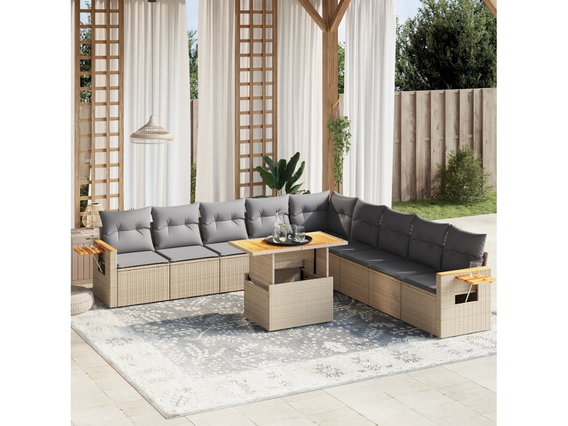 Conjunto de sofá de jardín de 11 piezas con cojines, mimbre sintético beige, DKD Home Decor