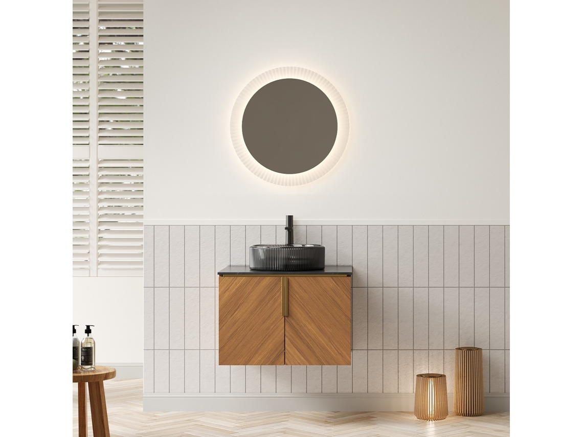 Mueble De Baño Suspendido, 61 Cm, Lavabo De Cristal Negro, Encimera Negra.