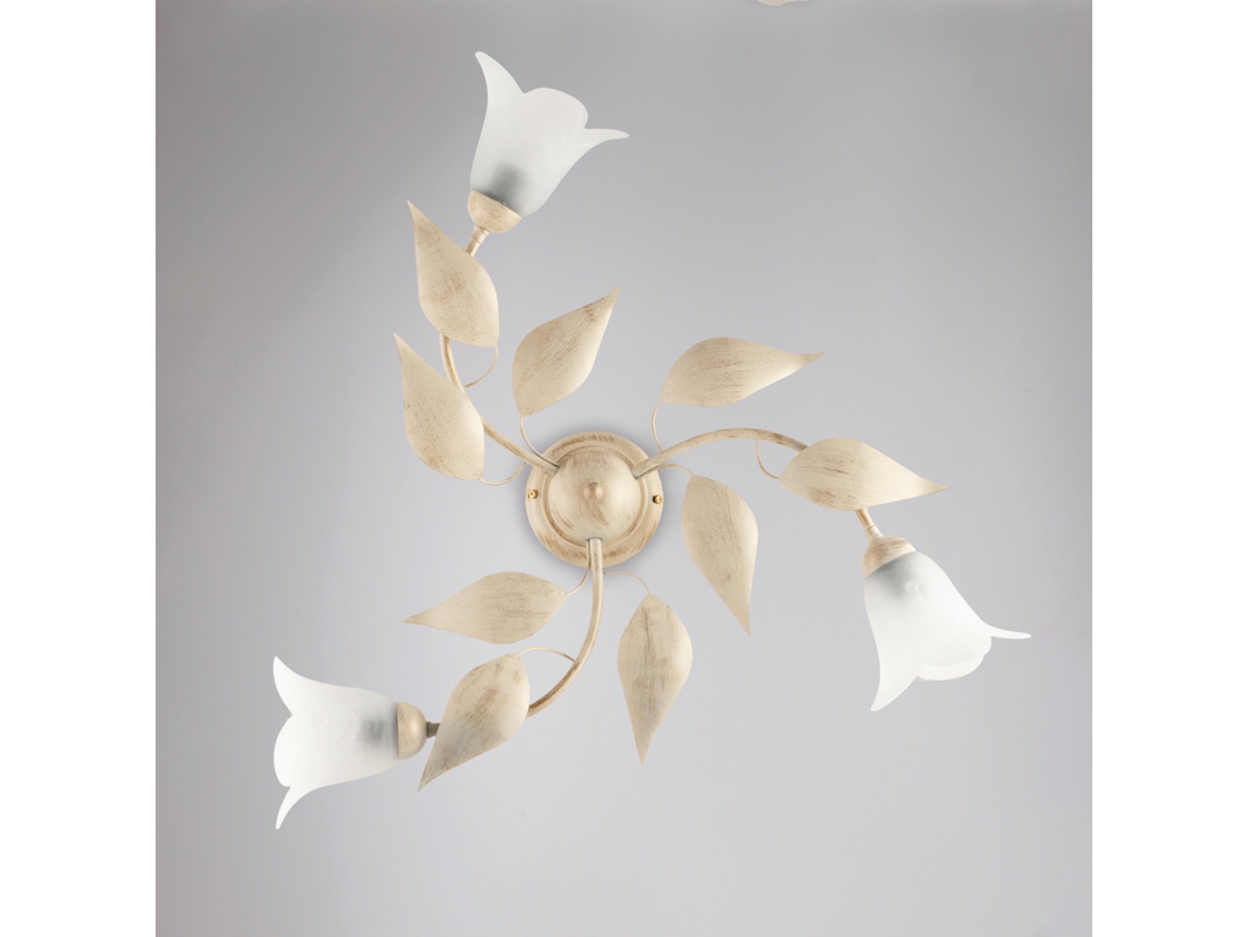 Lámpara de techo Olga de hierro lacado marfil con decoración. Difusores antiguos en oro y cristal. Diámetro 14 cm. Alabastro blanco. 3 luces. Altura 20 cm. Diámetro 67 cm. Belight.