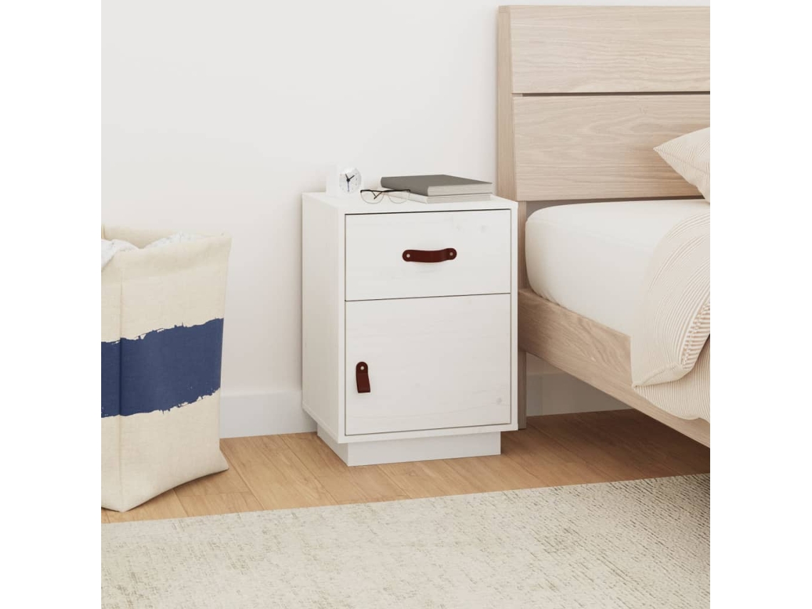 Mesita de Noche 40X34X55 Cm Madera de Pino Maciza Blanco